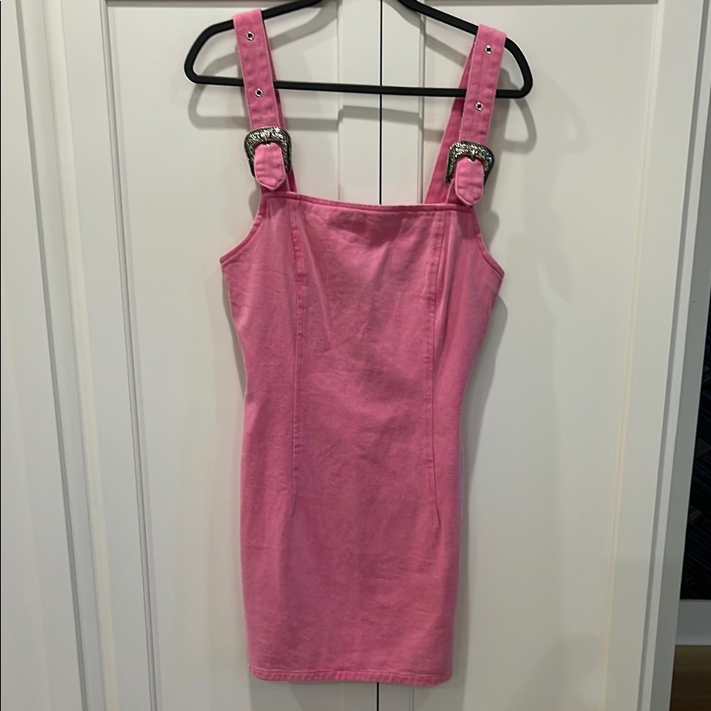 Pink Denim Dress with Buckle Straps